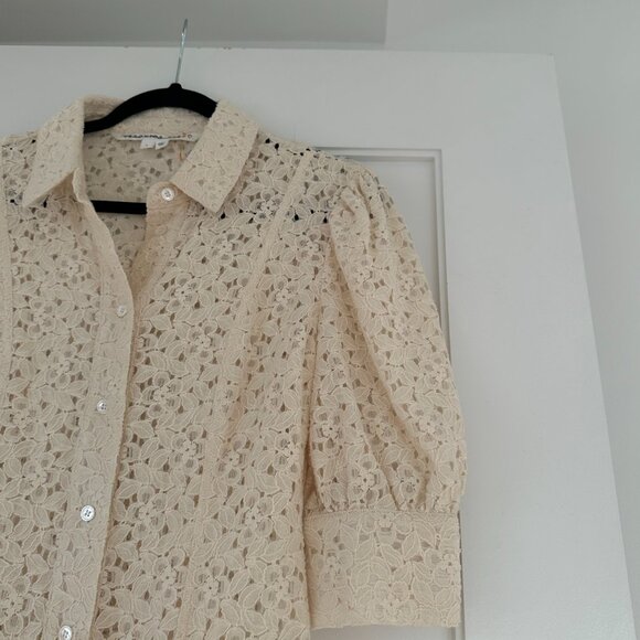 Veronica Beard Lace Mini Shirt Dress Sz 4 In Stone Khaki Button Down Puff Sleeve - Picture 3 of 10
